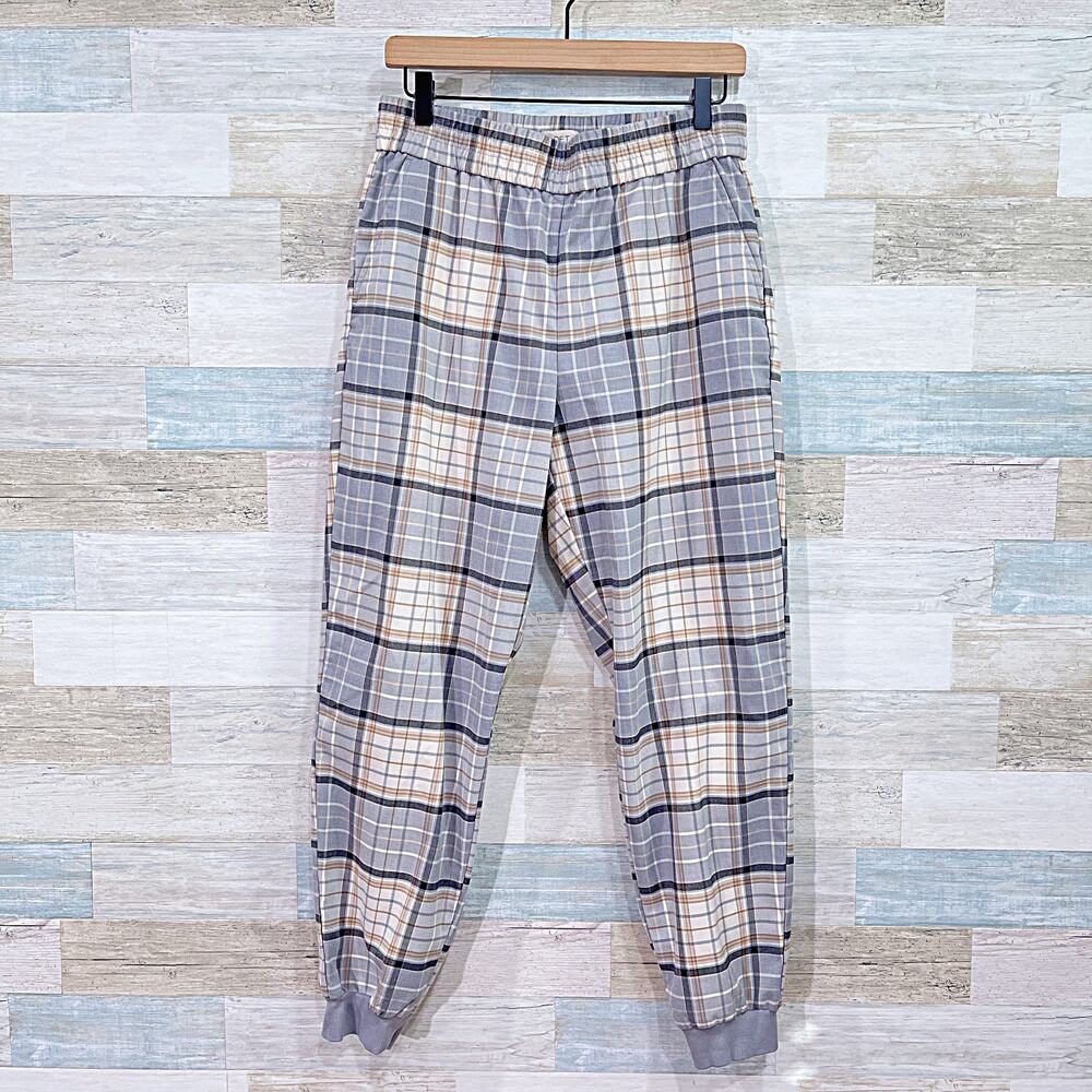 LOFT High Rise Pull On Ankle Jogger Trousers Gray Beige Plaid Womens Medium